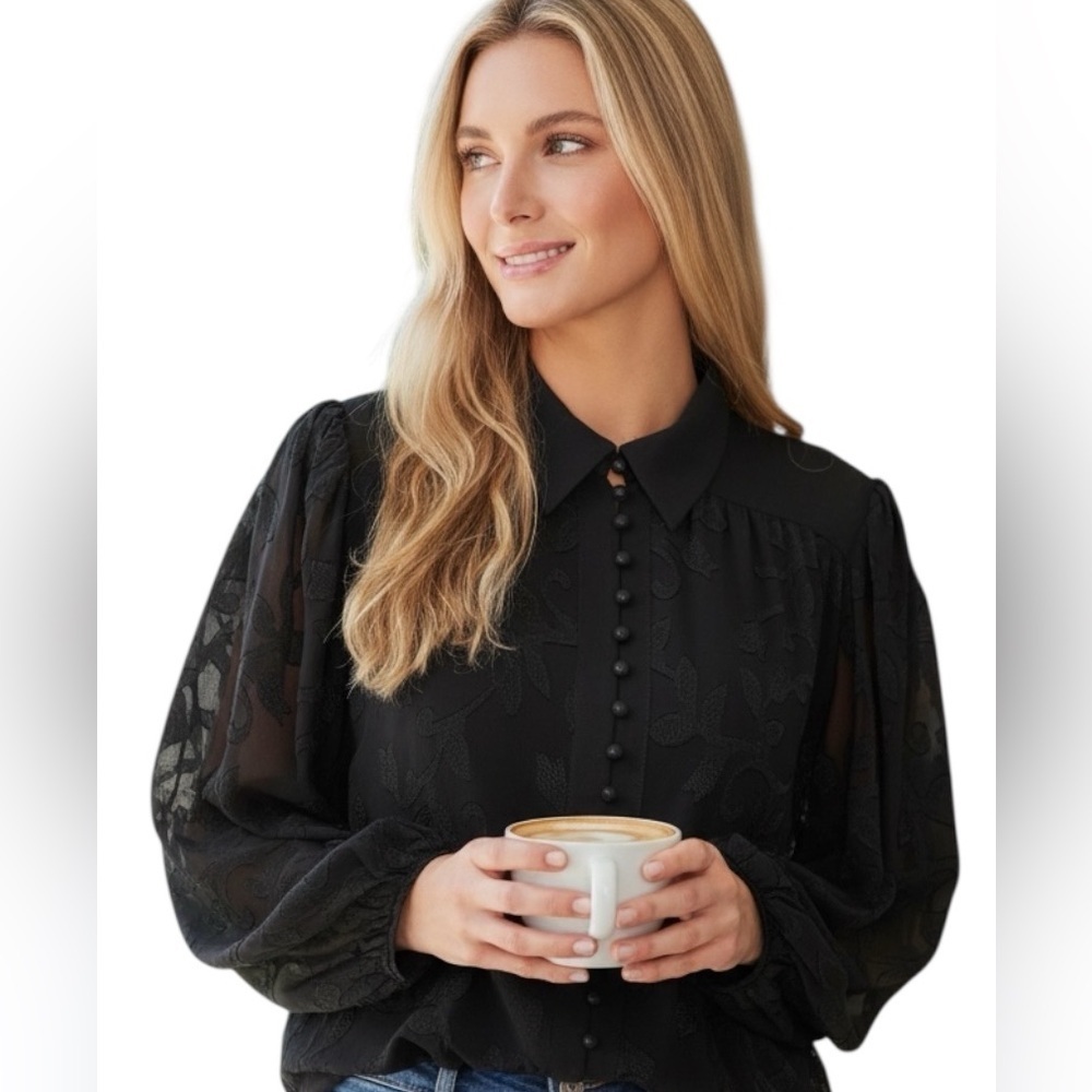 CeCe Black Textured Button Front Blouse 2X Sheer Puff Sleeve